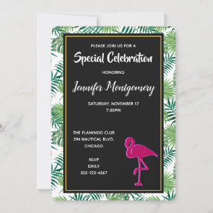 Tropical Leaves Pattern and Pink Flamingo Party Invitation