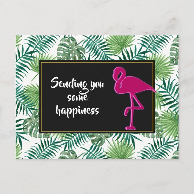 Tropical Leaves Pattern and Pink Flamingo Postcard (Front)