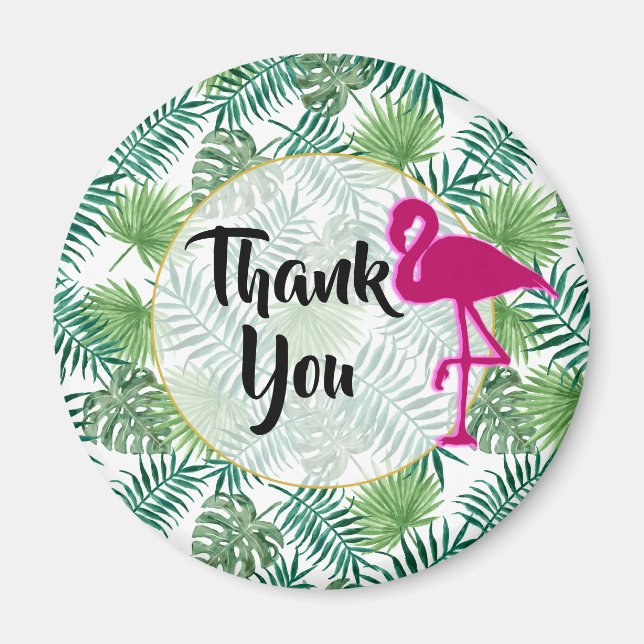 Tropical Leaves Pattern and Pink Flamingo Thanks Magnet (Front)