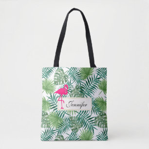 Tropical Leaves Pattern and Pink Flamingo Tote Bag
