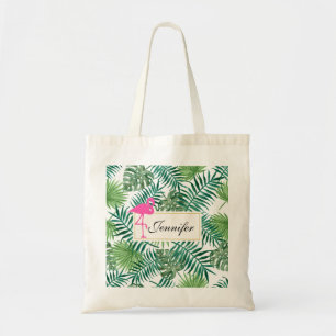 Tropical Leaves Pattern and Pink Flamingo Tote Bag