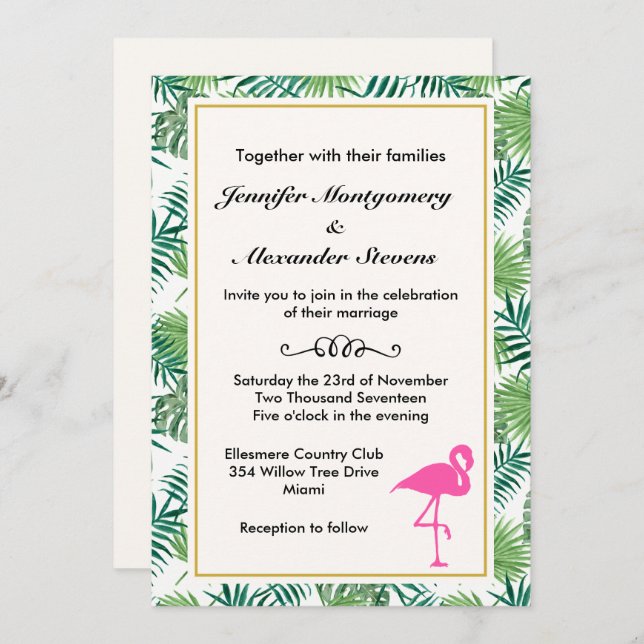 Tropical Leaves Pattern and Pink Flamingo Wedding Invitation (Front/Back)