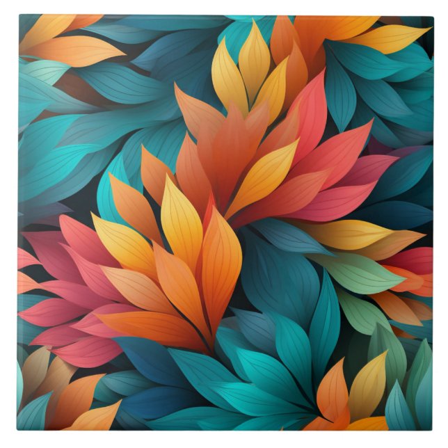 Tropical Leaves Pattern, Dark Orange and Cyan Ceramic Tile (Front)