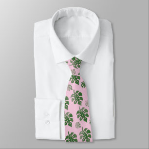 Tropical Leaves Pattern Green on Pink Tie