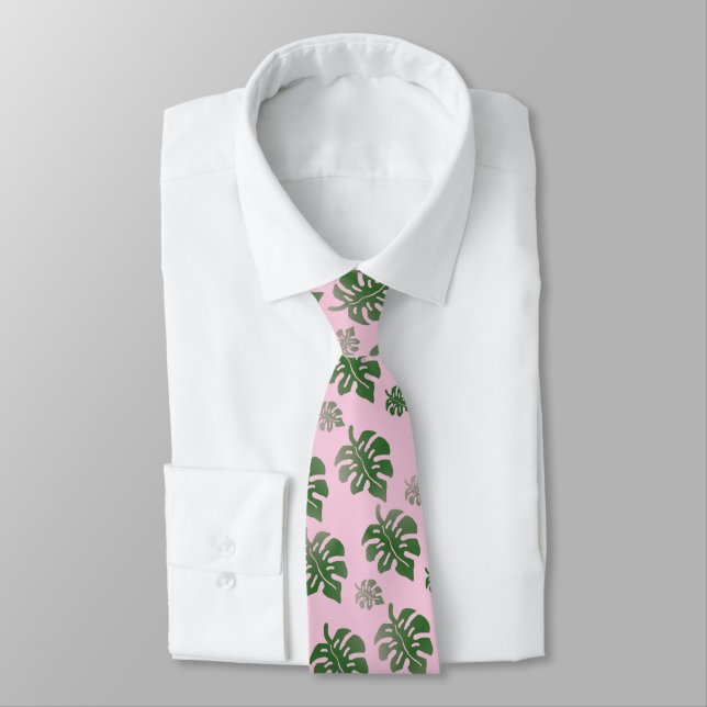 Tropical Leaves Pattern Green on Pink  Tie (Tied)