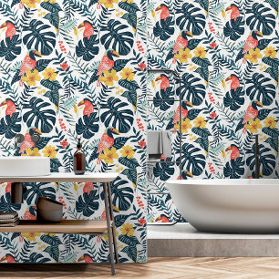 Tropical Leaves Pattern Hornbill & Rainforest Wallpaper