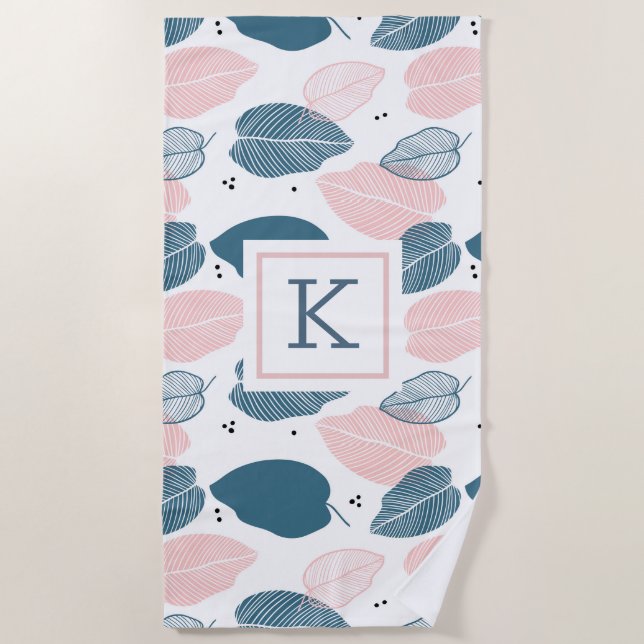 Tropical leaves pattern pink blue and white beach towel (Front)