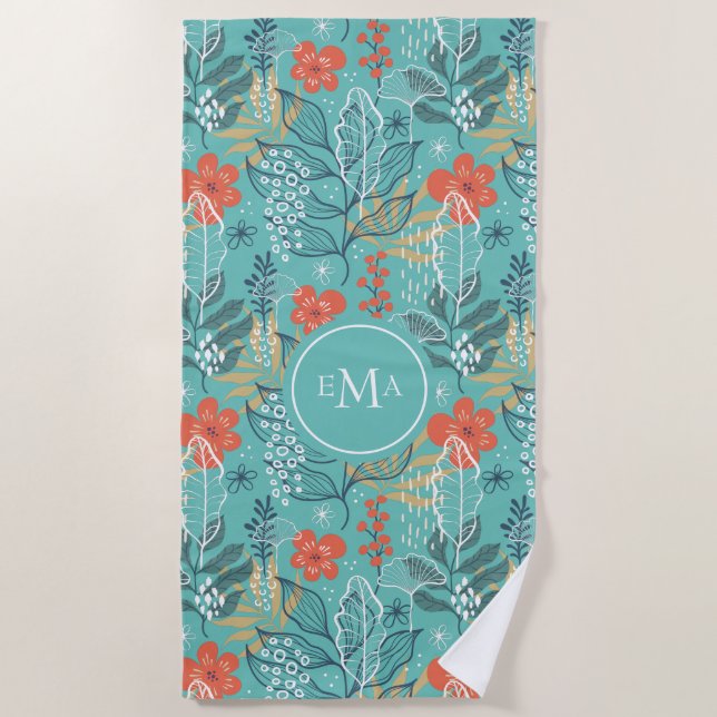 Tropical leaves pattern with monogram beach towel (Front)