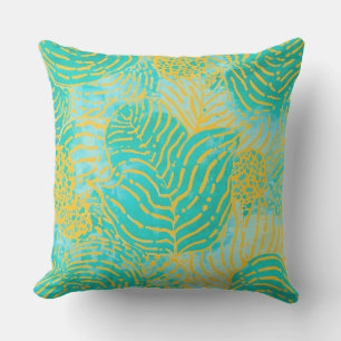 Tropical Leaves Pattern Yellow green turquoise Cushion