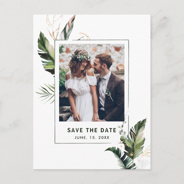 Tropical Leaves Photo Wedding Save the Date Announcement Postcard (Front)