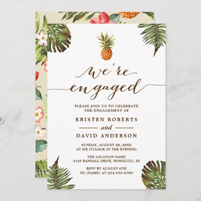 Tropical Leaves Pineapple Beach Engagement Party Invitation (Front/Back)