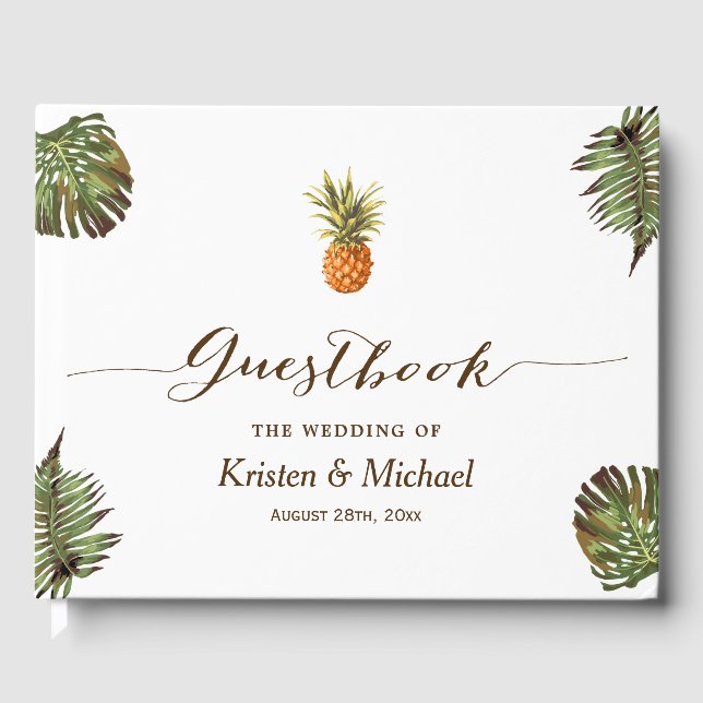 Tropical Leaves Pineapple Hand Lettering Wedding Guest Book (Front)
