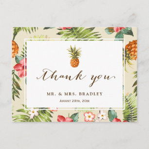 Tropical Leaves Pineapple Hand Script Thank You Postcard