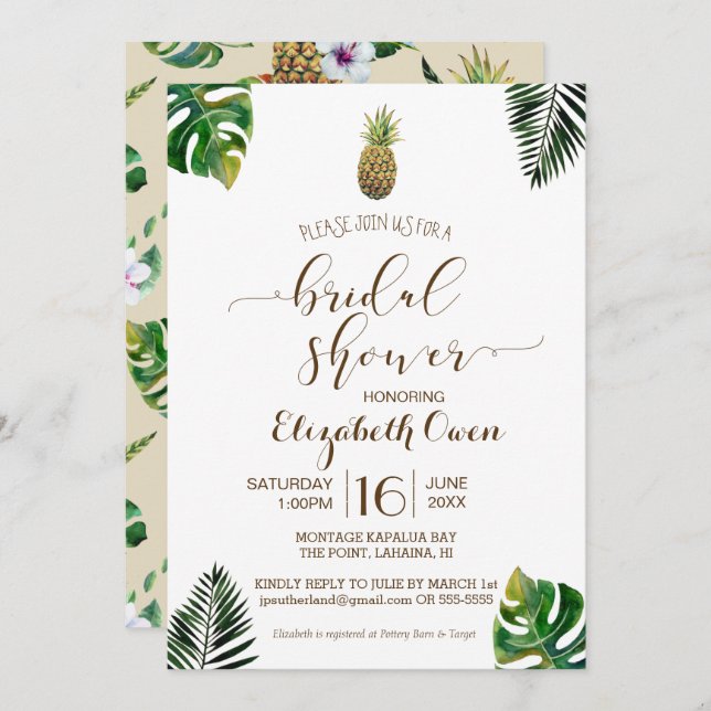 Tropical Leaves Pineapple Luau Bridal Shower Invitation (Front/Back)