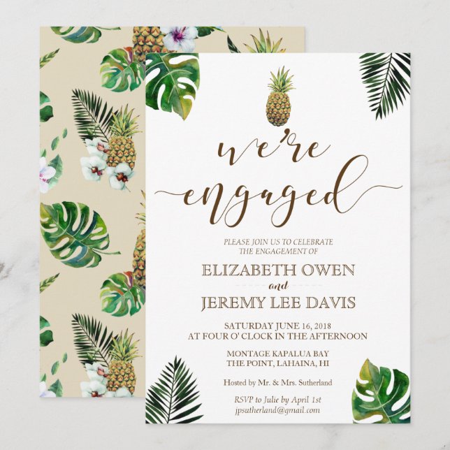 Tropical Leaves Pineapple Luau Engagement Invitation (Front/Back)