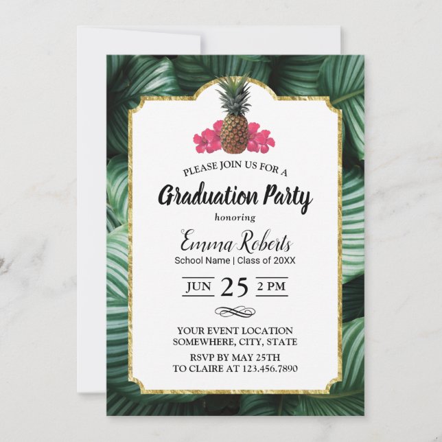 Tropical Leaves & Pineapple Luau Graduation Invitation (Front)