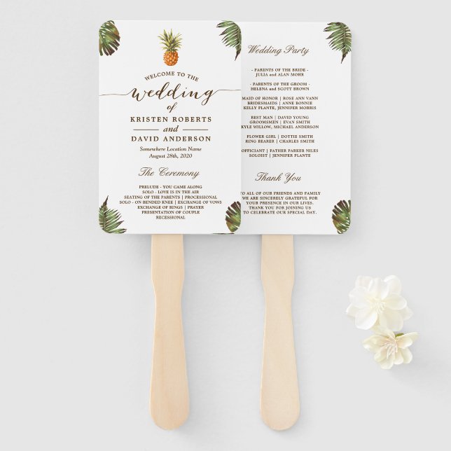 Tropical Leaves Pineapple Luau Wedding Program Hand Fan (Front and Back)