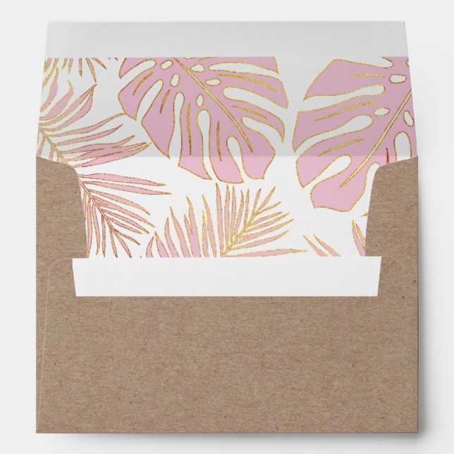 Tropical leaves pink and gold rustic wedding envelope (Back (Bottom))
