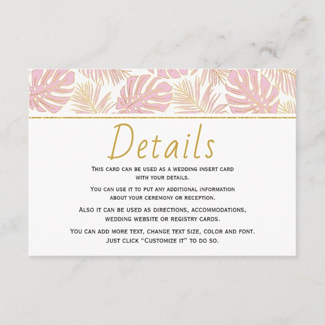 Tropical leaves pink and gold wedding insert card (Front)