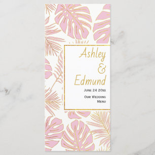 Tropical leaves pink and gold wedding menu card