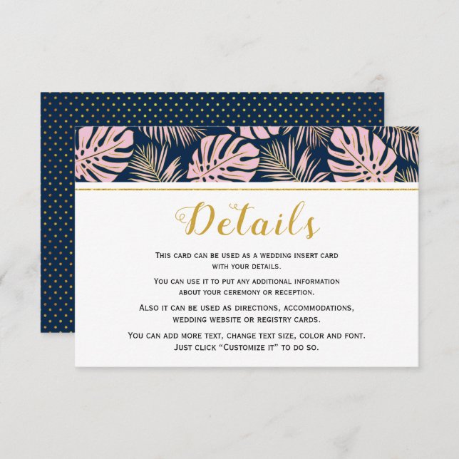 Tropical leaves pink and navy wedding enclosure card (Front/Back)