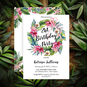 Tropical Leaves Pink Floral 21st Birthday Party Invitation
