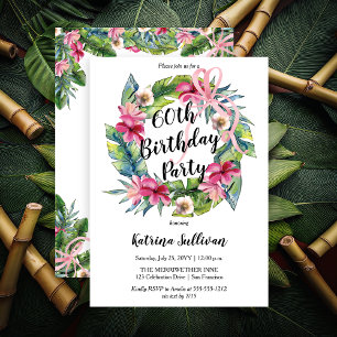 Tropical Leaves Pink Floral 60th Birthday Party Invitation