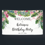 Tropical Leaves | Pink Floral Birthday Party Banner<br><div class="desc">Beautiful watercolor pink floral hibiscus  girl or woman Birthday Party swag design with lush tropical greenery and a multiple loop pink bow.</div>