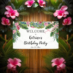 Tropical Leaves | Pink Floral Birthday Party Banner<br><div class="desc">Beautiful watercolor pink floral hibiscus  girl or woman Birthday Party swag design with lush tropical greenery and a multiple loop pink bow.</div>