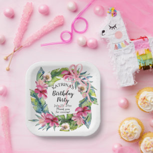 Tropical Leaves   Pink Floral Birthday Party Paper Plate