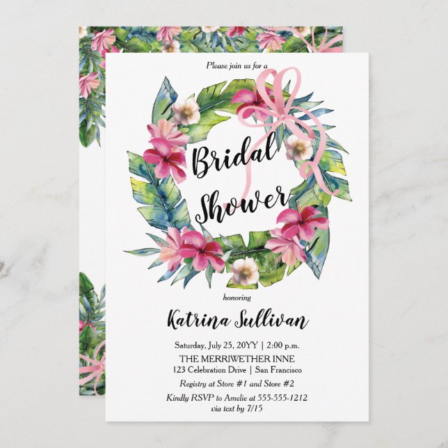 Tropical Leaves | Pink Floral Bridal Shower Invitation (Front/Back)