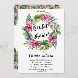 Tropical Leaves   Pink Floral Bridal Shower Invitation