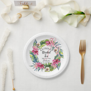 Tropical Leaves   Pink Floral Bridal Tea Shower Paper Plate