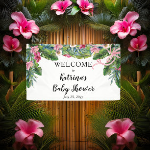 Tropical Leaves   Pink Floral Girl Baby Shower Banner