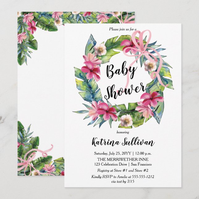 Tropical Leaves | Pink Floral Girl Baby Shower Invitation (Front/Back)