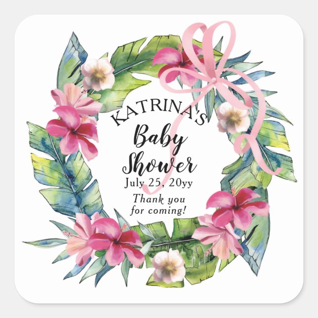 Tropical Leaves | Pink Floral Girl Baby Shower Square Sticker (Front)