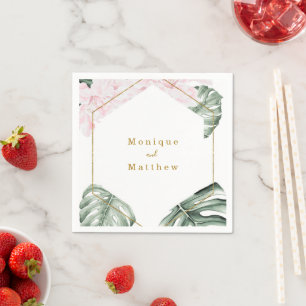 Tropical Leaves Pink Floral Gold Geometric Wedding Napkin