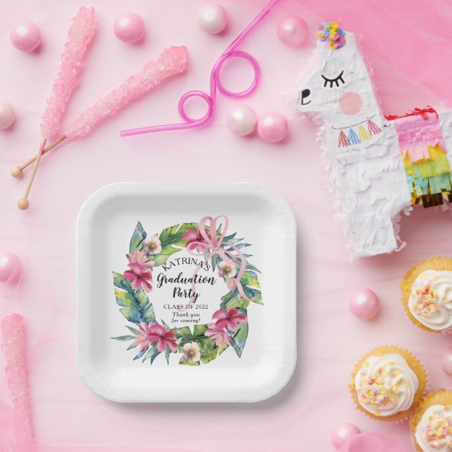 Tropical Leaves | Pink Floral Graduation Party Paper Plate (Party)