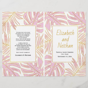 Tropical leaves pink gold bi-fold wedding program
