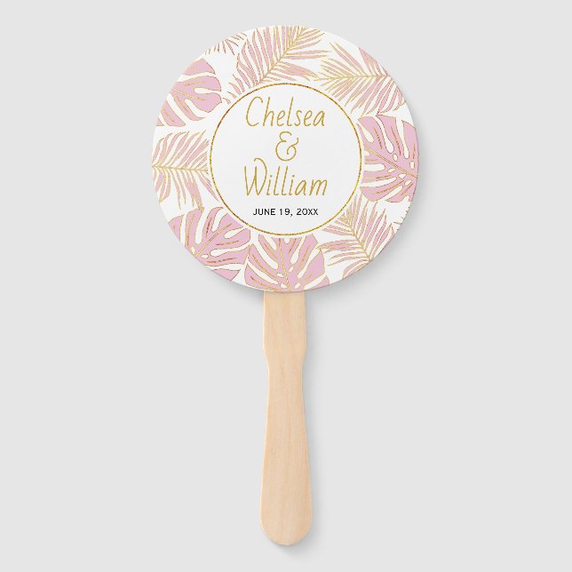 Tropical leaves pink, gold wedding round hand fan (Front)