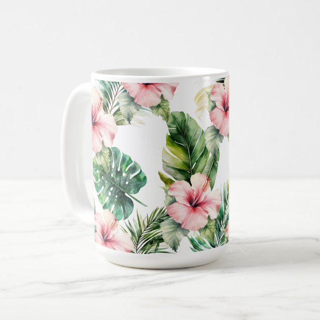 Tropical Leaves Pink Hibiscus Flowers Coffee Mug (Front Left)