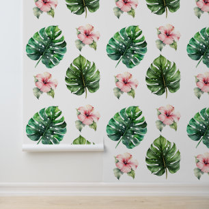 Tropical Leaves Pink Hibiscus Flowers Wallpaper