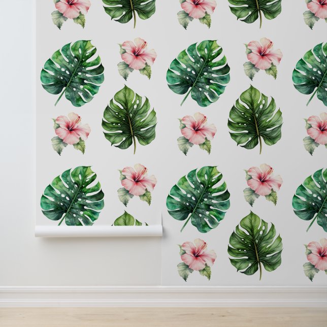 Tropical Leaves Pink Hibiscus Flowers Wallpaper (Application)