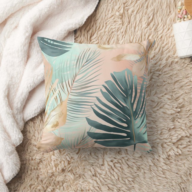 Tropical Leaves Pink Mint Green Gold Modern Cushion (Blanket)
