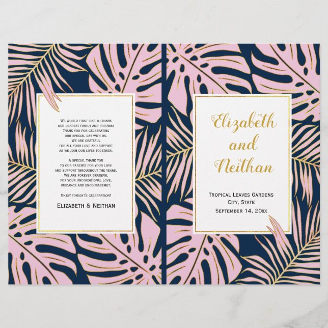 Tropical leaves pink, navy bi-fold wedding program (Front)