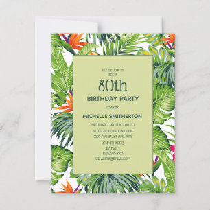 Tropical Leaves Pink Orange Floral 80th Birthday Invitation