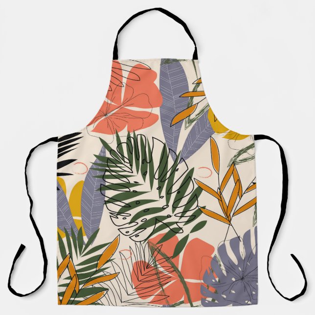 Tropical leaves plants, beige, original pattern. apron (Front)