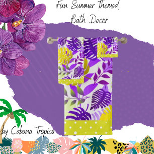 Tropical Leaves Purple, Mauve, Lemon, Lime Trim  Bath Towel Set