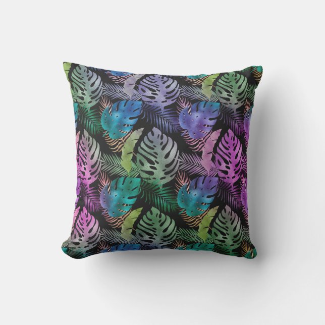 Tropical Leaves Purple Teal Black Iridescent  Cushion (Front)