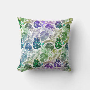 Tropical Leaves Purple Teal Green White  Cushion